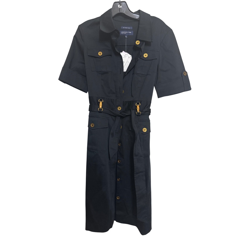 Jones New York Signature Black Safari Shirt Dress Bamboo Detail NWT Size 6